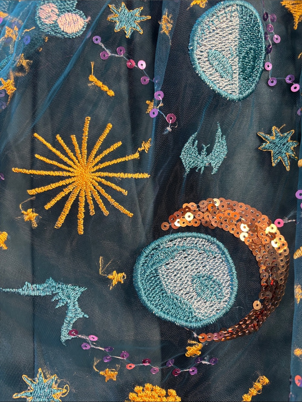 Embroidered Nightmare Before Christmas Teal Tulle Skirt with Sun & Moon Motif - Picture 3 of 5